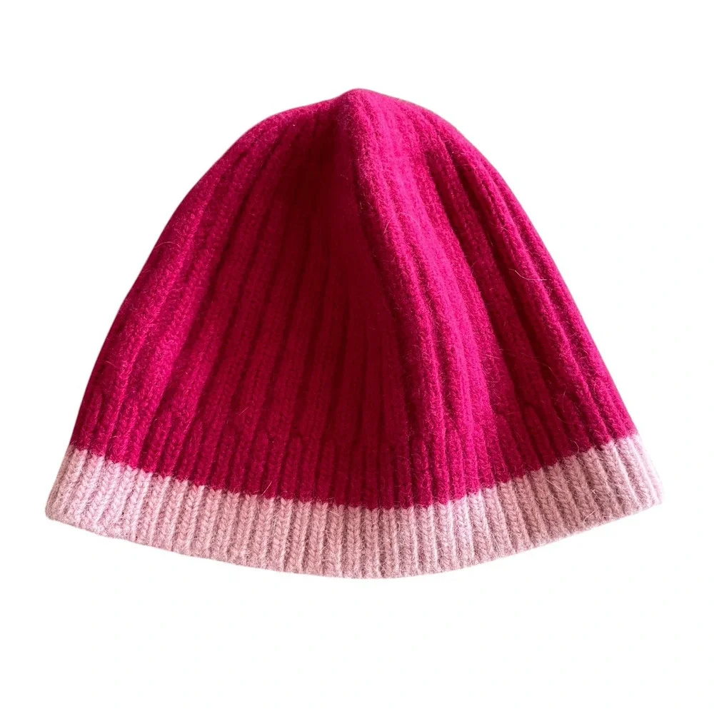 COACH KIDS One Size Pink Cashmere Angora Wool Knit Beanie Hat Leather Logo Patch